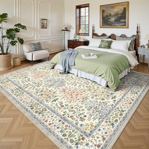 6x9 Area Rugs, Washable Floral Area Rugs for Living Room, Indoor Area Rug for Bedroom, Dining Room, Low Pile Non-Slip Non Shedding Rug(Beige Floral) - Image 3