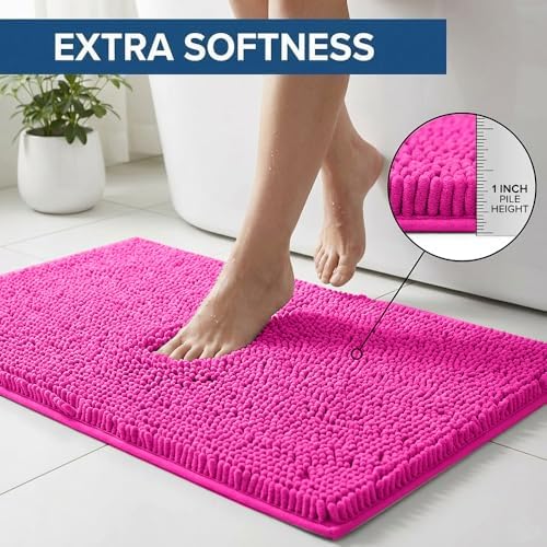 Bathroom Rugs Sets 2 Piece,Super Absorbent Chenille Bath Mats and U-Shaped Toilet Rug,Strong PVC Non Slip Backing,Microfiber Washable Dry Quickly Bath Mats for Bathroom(20"x32"+20"x20"U,Hot Pink) - Image 3