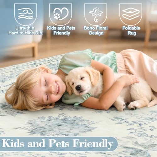 Wonnitar Bow Floral 5x7 Washable Rug, Blue Area Rug for Kids Room, Ultra-Thin Non Slip Soft Neutral Aesthetic Decor Carpet for Living Room Farmhouse Dining Room Office Playroom - Image 4