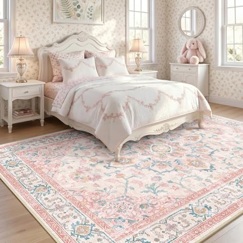 CAPALOCA 8x10 Washable Nursery Girls Low Pile Area Rug Pink Teal - Image 2