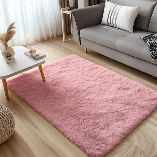 OLANLY 3x5 Machine Washable Small Bedside Rug, Soft Fluffy Shaggy Rugs for Living Room, Bedroom, Indoor Floor Carpet for Kids Girls and Boys, Preppy Dorms, Nursery, Home Decor Aesthetic, Pale Pink - Image 3