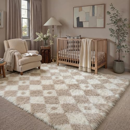 PureCozy Beige 5x8 Area Rug for Living Room Soft Checkered Shag Carpet - Image 3