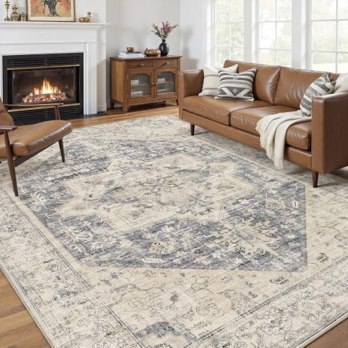 Vintage 9x12 Rugs for Living Room Washable Area Rug Blue Beige by homewill