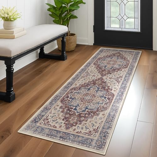 Maroon Blue 2x6 Hallway Runner Rug, Carpet Runners 6ft for Kitchen Non Slip Washable, Modern Vintage Floor Runner for Entryway Foyer, Medallion Rug Runner for Bathroom Bedroom Laundry Room by Jainmy