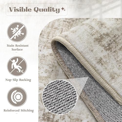 Area Rug 9x12 Washable Rug, Vintage Boho Medallion Rugs Non-Slip Soft Low Pile Large Distressed Rug Indoor Retro Carpet for Living Room Bedroom Dining Room Home Office (Taupe, 9'x12') - Image 6