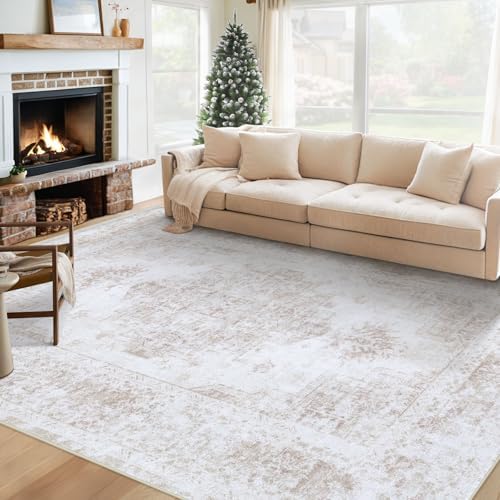 XLUEZ Area Rug 6x9 Living Room Rug, Machine Washable Vintage Distressed Medallion Rug Non-Slip Soft Low Pile Large Indoor Rugs for Bedroom Kitchen Dining Room Office(Beige,6'x9') by XLUEZ