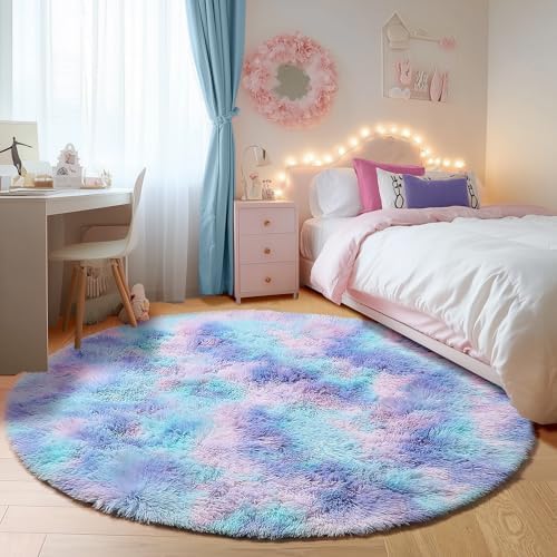 ONASAR Rainbow Round Area Rugs 6ft, Fluffy Soft Bedroom Circle Rug for Kids Girls Boys Teen Room, Plush Shaggy Floor Carpet Mats for Dorm Nursery Living Room Playroom Home Decor Aesthetic - Image 3