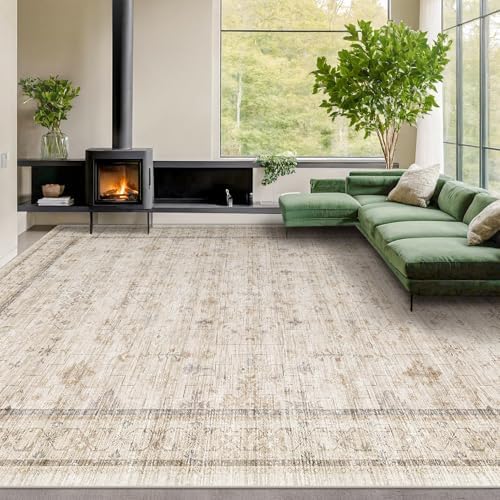 Washable Floral 10x14 Big Living Room Rug, Stain Resistant Foldable Area Rug for Bedroom, Large Dining Room, Farmhouse Neutral Light Beige Décor Indoor, Low Pile Soft Vintage Floor Carpet by HazoHaus