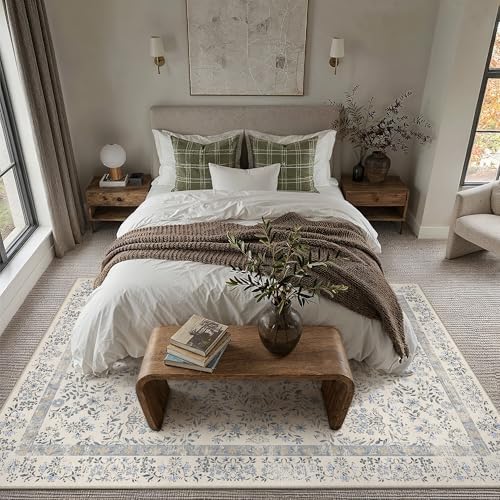 PureCozy 7x9 Blue Floral Area Rug Vintage Farmhouse Style - Image 2