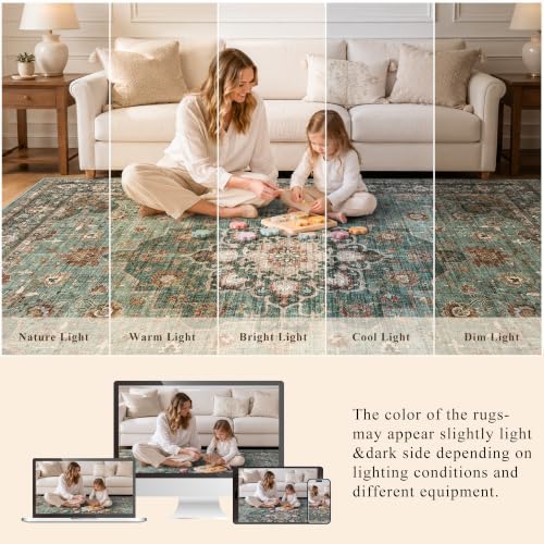 Washable Oriental Area Rug: Green 10x10 Area Rugs Low Pile Waterproof Rug - Image 5
