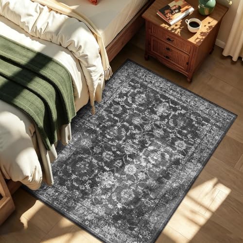 3x4 Washable Entryway Area Rug Non-Slip Distressed Black Door Mat by HOME