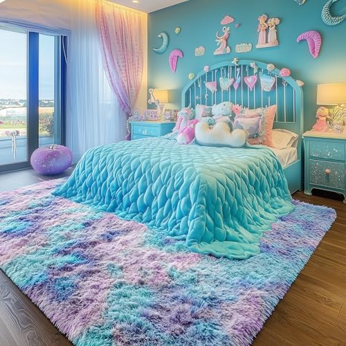 Fluffy 8x10 Area Rugs, Cute Kawaii Rainbow Purple Carpets for Girls Bedroom - Image 7