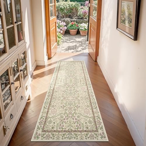 jinchan 2x6 Washable Hallway Runner Rug, Floral Non-Slip, Pastoral Green - Image 2