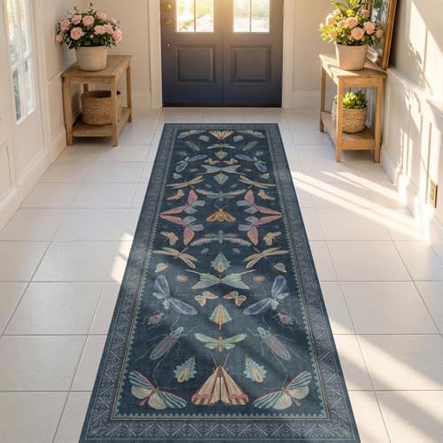 Vintage 2x10 Washable Entryway Indoor Runner Rug, Non Slip Carpet for Kitchen, Dark Blue Insect Moth Décor, Soft Low Pile Stain Resistant Mat - Image 3