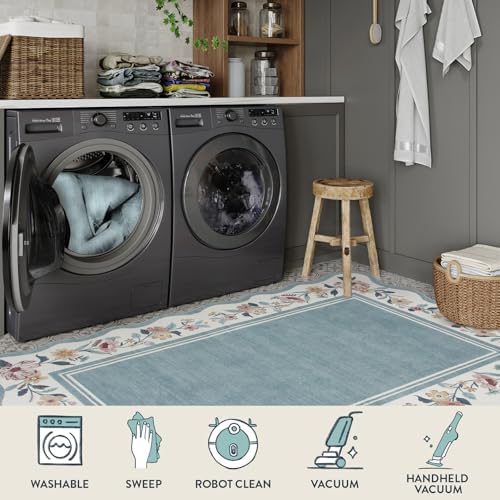 Lahome Floral Blue Kitchen Rug 2x3, Small Scalloped Entryway Rug - Image 6