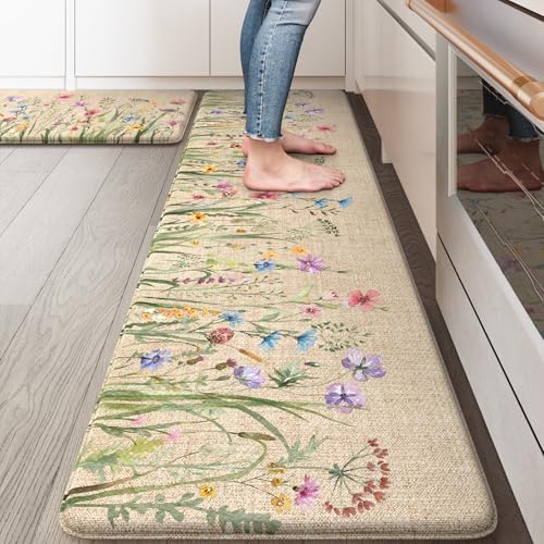 KIMODE Anti Fatigue Mats for Kitchen Floor, Farmhouse Floral Kitchen Rugs by StayinComfortCookwithJoy