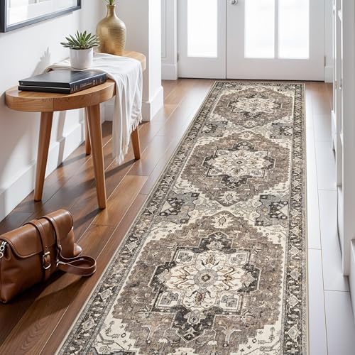 2x8 Washable Hallway Runner Rug - Non-Slip Kitchen Rugs Low Pile Entryway Runners Vintage Soft Carpet Thin Lightweight Indoor Home Decor Floor Mat for Bathroom Laundry Room Bedroom(Beige,2x8) - Image 3