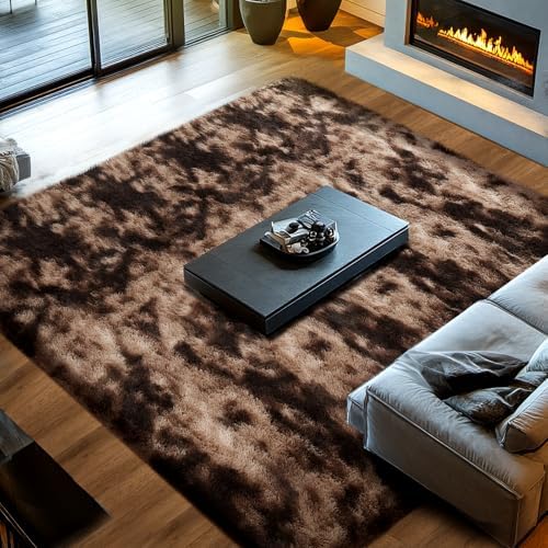 10x12 Tie-Dyed Brown Living Room Rug - Shag Modern Luxury Carpet - Image 3