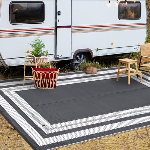 GAOMON Outdoor Rug 10x14 Large Rug Outdoor Plastic Straw Rugs Easy Clean Waterproof Reversible Mat Lightweight Camping Rugs for Patio Porch RV Backyard Pool Deck Picnic Beach Trailer Border-Grey/White by GaoMon