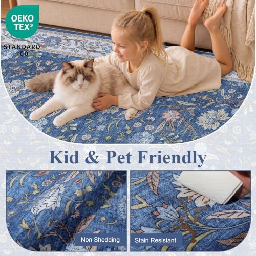 DUKINO 2x3 Rug, Washable Vintage Floral Bathroom Rugs Non Slip, Sky Blue - Image 4