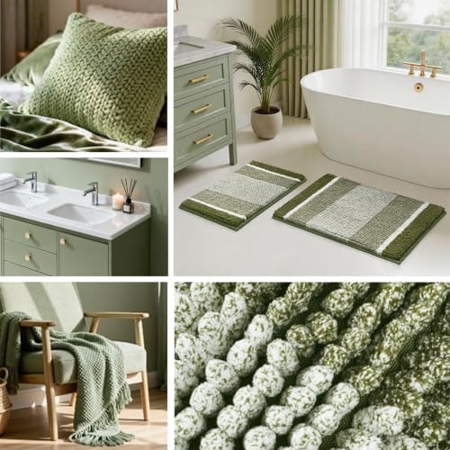HOMEIDEAS Sage Green Bathroom Rugs Sets 2 Piece Chenille, 20"x32"+17"x24" - Image 3