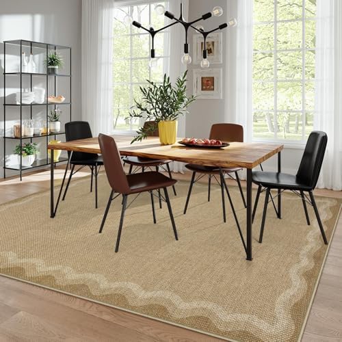 LIVEBOX Scalloped Washable 8x10 Outdoor Rug, Easy Jute Tan Rug for Living Room Bedroom, Indoor Geometric Farmhouse Non Slip Rugs Dining Room Mat Modern Carpet Area Rug for Patio Home Office Decor - Image 3