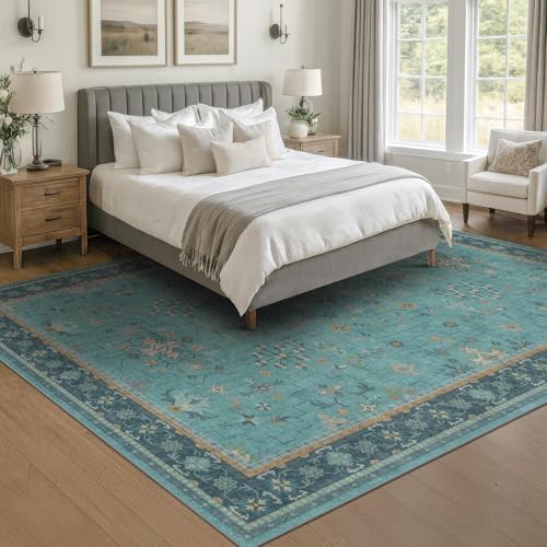 Washable 5x8 Teal Rug for Living Room, Boho Area Rugs for Bedroom Under Bed, Modern Floral Low-Pile Non Skid Carpet for Dining Room Under Table, Stain Resistant Vintage Home Décor - Image 6