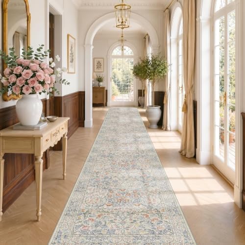 Washable 3x20 Wide Hallway Runner Rug - Beige Blue Ultra Soft Extra Long Runner Non Slip, Low Pile Stain Resistant Boho Pastel Rug for Large Kitchen, Entryway by HazoHaus