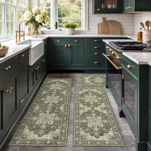 3 Piece Kitchen Rugs Sets with Runner, Washable Non Slip Soft Boho Kitchen Mats, Low Pile Stain Resistant Carpet for Hallway, Laundry Room, Entryway, Home Decor (20"x32"+20"x48"+20"x59", Olive Green) by LOGO