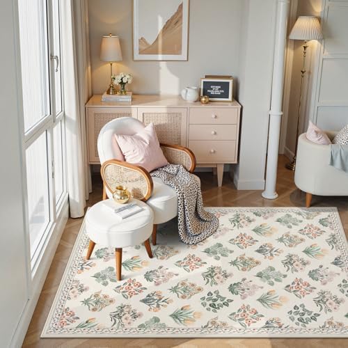 Wonnitar 5x7 Rug for Bedroom Decor, Washable Nursery Rug for Baby, Neutral Ultra-Thin Non Slip Floral Print Carpet for Kids Room Farmhouse Living Room Office, Cream Beige - Image 4