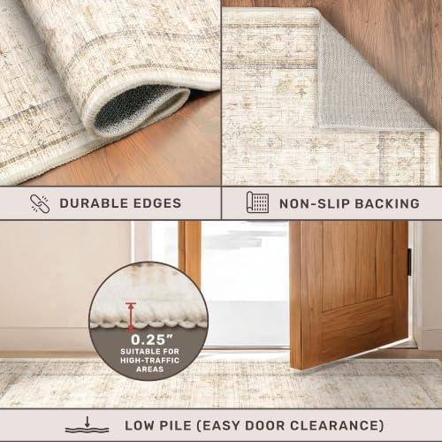 Washable Ivory 5x7 Rug for Bedroom, Home Office, Non Slip Dinning Rugs for Under Table, Low Pile Neutral Farmhouse Retro Living Room Carpet - Image 5