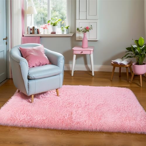 3x5 Thick Pink Fluffy Shag Rug for Girls Bedroom, Plush Carpet by KICHOWUA