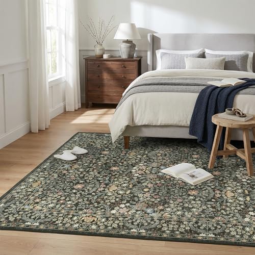 Black Floral Living Room Rug 5x7 Area Rug - Vintage Forest Washable Rug for Dining Room, Bedroom, Ultra Soft Low Pile Non Slip Stain Resistance Distressed Boho Farmhouse Flower Carpet - Image 4