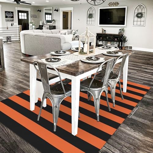 KILOCOCO 4x6 ft Fall Striped Woven Orange Rugs Halloween Front Door Rug - Image 4