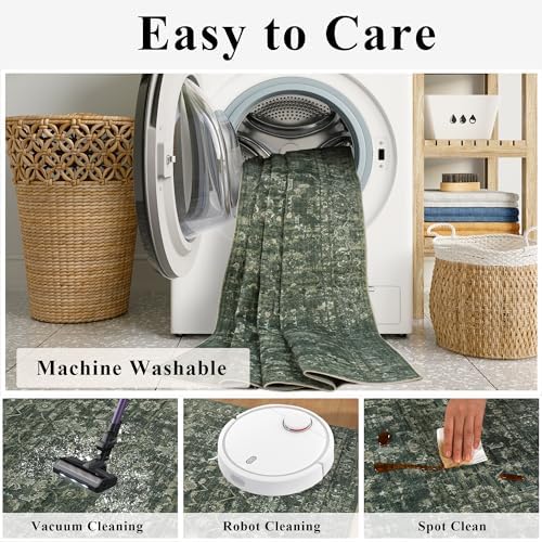 2x6 Washable Kitchen Runner Rug Non-Slip Boho Dark Green Throw Carpet - Image 4
