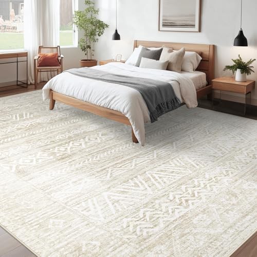 10x12 Area Rugs for Living Room: Washable Moroccan Geometric Boho Rug Farmhouse Non Slip Stain Resistant Large Rug Low Pile Soft Carpet for Bedroom Dining Room Children Room (Ivory Beige,10'x12') - Image 2
