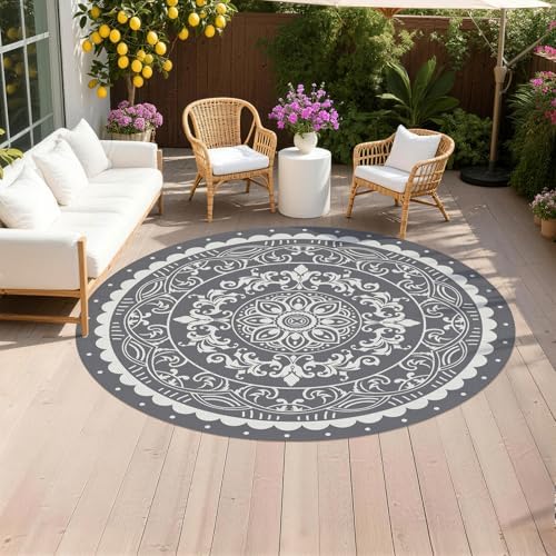 Pauwer Waterproof Outdoor Rug 8ft, Plastic Straw Patio Mat, Paisley Grey by Pauwer