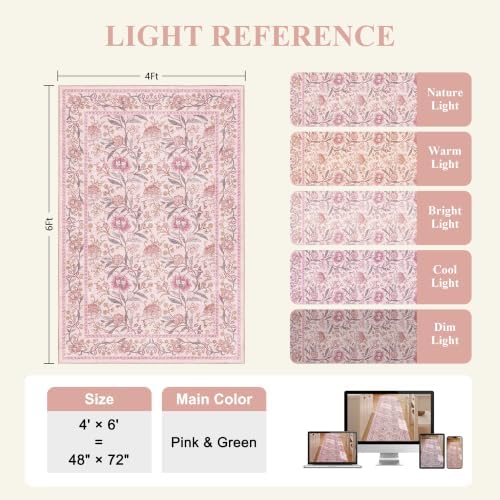 DUKINO 4x6 Area Rug, Washable Vintage Floral Rug for Living Room, Pink - Image 2