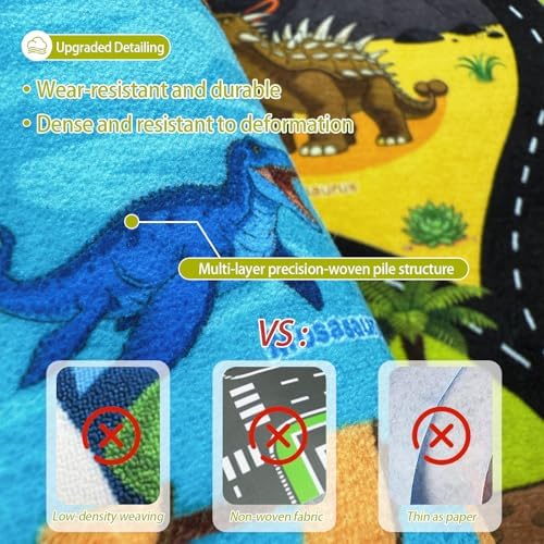 Washable Kids Rug for Playroom, 5x7 ft Faux Wool Dinosaur Rug with Road Map for Childrens, Non-Slip Car Carpet for Boys Bedroom Classroom, Soft & Non-Slip - Image 2