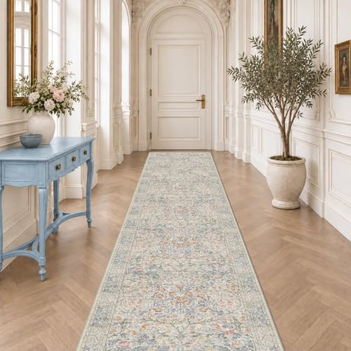 Hazo Haus Boho 3x16 Wide Hallway Runner - Beige Blue and Purple, Washable Low Pile Non Slip Stain Resistant 16ft Runner Rug for Long Kitchen, Hall Way, Floral Forest Decor by HazoHaus