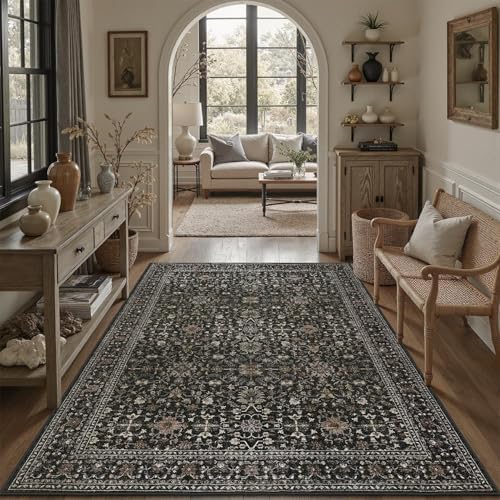 DCX Black 5x7 Rug, Kid & Pet Friendly with Rubber Back Non Slip, Machine Washable Stain Resistant Vintage Traditional Distressed Carpet, Rug for Living Room, Bedroom, Home Decor - Image 2
