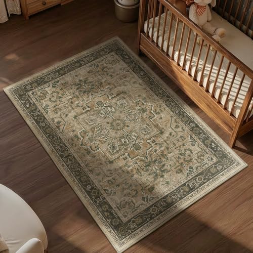 Vintage Medallion 4x6 Area Rugs for Living Room, Washable Non Slip Bedroom Bedside Throw Rug, Distressed Printed Low Pile Carpet for Entryway/Home Office/Kitchen, Multi Brown/Green - Image 4