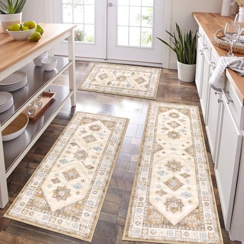 HEBE Boho Kitchen Rugs Set of 3, Non Slip Washable Kitchen Mats for Floor by HEBE