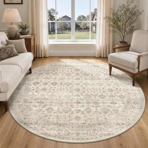 JOOJA 6x6 Beige Vintage Soft Low Pile Washable Boho Round Living Room Rug - Image 3