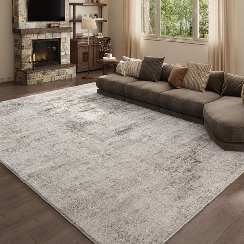 9x12 Beige Washable Area Rug for Living Room, Vintage Print Carpet by Unknown