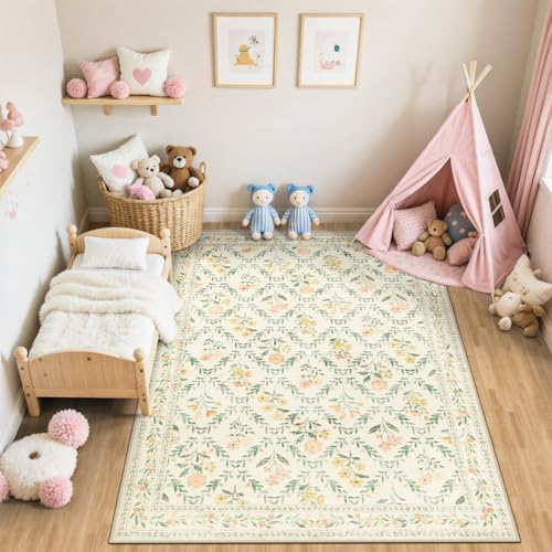 PLHXFR Area Rug Living Room: 5x7 Floral Washable Boho Carpet Beige Multi - Image 5