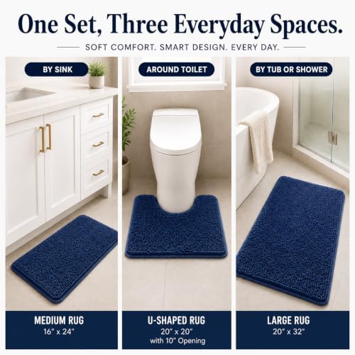 Indigo Blue Bathroom Rugs Non Slip Washable 3 Piece Extra Absorbent Shaggy Chenille and Mats Sets, Soft & Dry Bath Rug/Mat Sets for Carpets Set - Image 6