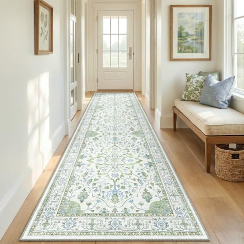 RELEANY Washable Area Rug, Runner 3'x10', Green/White/Blue - Image 3