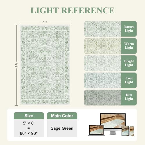 DUKINO 5x8 Area Rug Vintage Floral Washable Rugs for Living Room Sage Green - Image 2