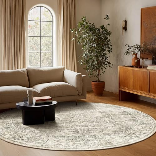 6ft Washable Round Rugs for Bedroom: Circle Living Room Rug Vintage Non Slip Low Pile Soft Faux Wool Non Shedding Boho Circular Rug for Entryway Kitchen Bathroom Office College Dorm Nursery Indoor - Image 6